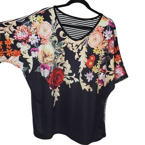 Serengeti Floral Stripe Mixed Print Rhinestone Blouse Women’s Size 2X - Picture 1 of 6